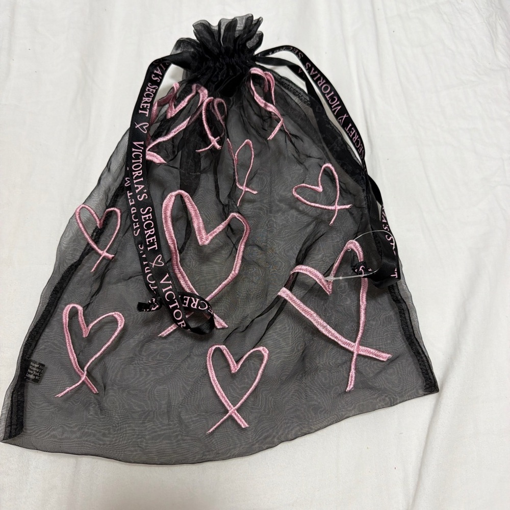 Victoria's Secret Black Mesh Drawstring Pouch with Pink Heart Embroidery